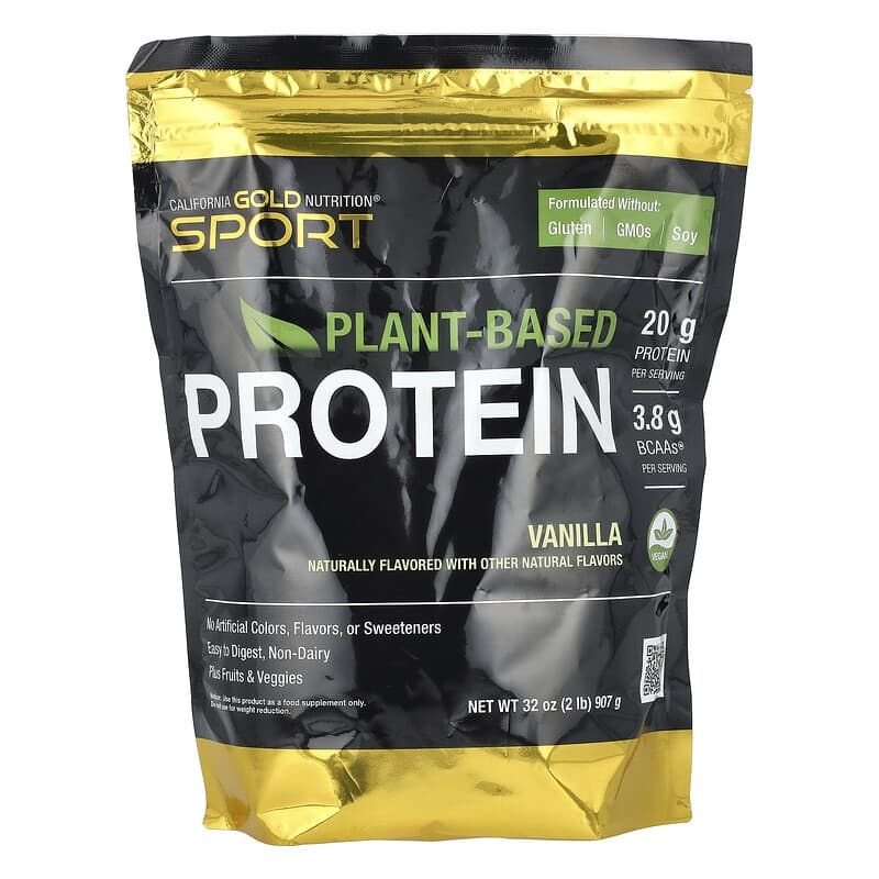 California Gold Nutrition, Proteína vegetal deportiva con aislado de proteína de guisante y de arroz integral, vainilla, 907 g